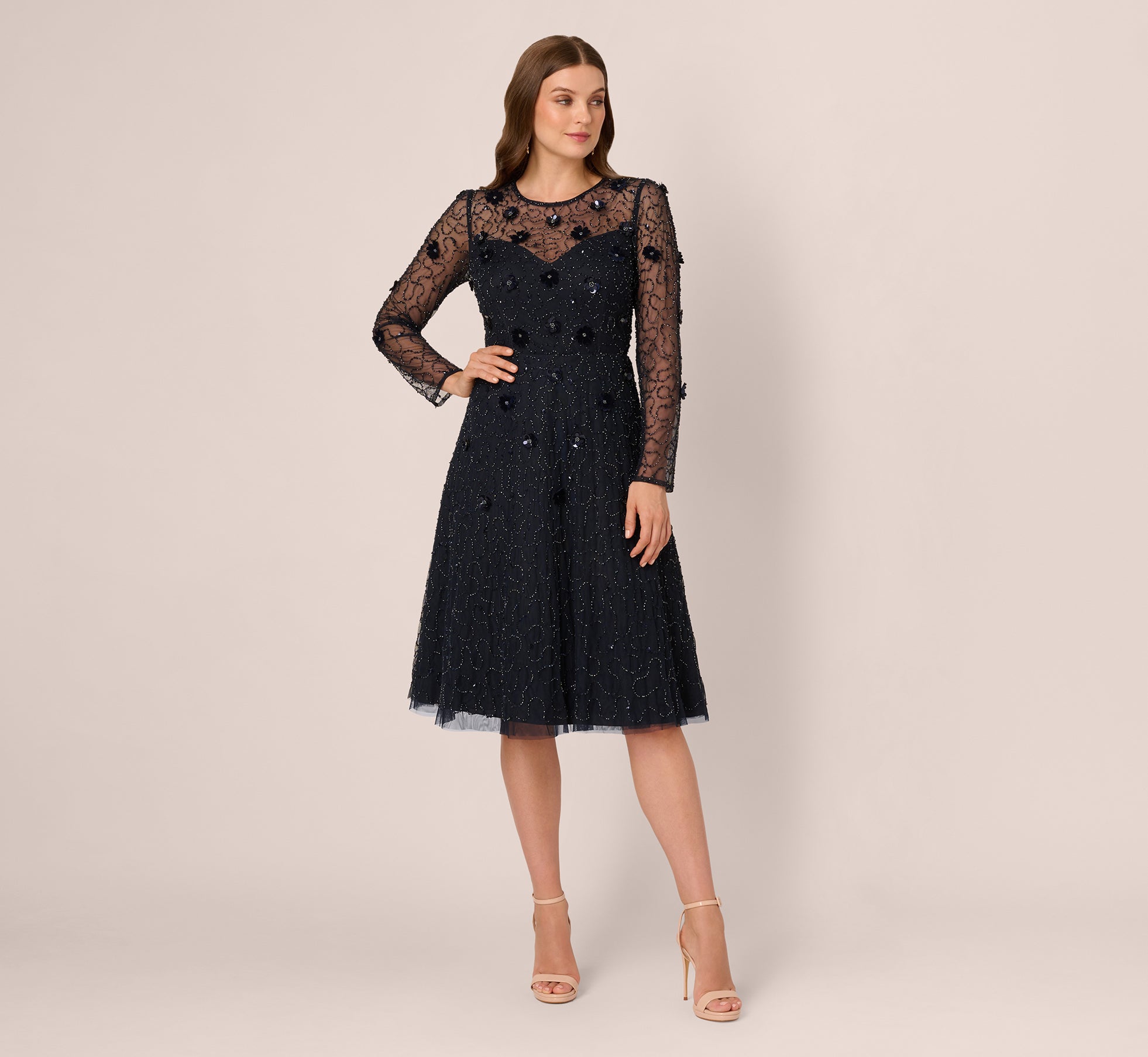 Midnight Jewel Neck Knee-Length Beaded Mesh Cocktail Dress with Long Sleeves Adrianna Papell AP1E212297