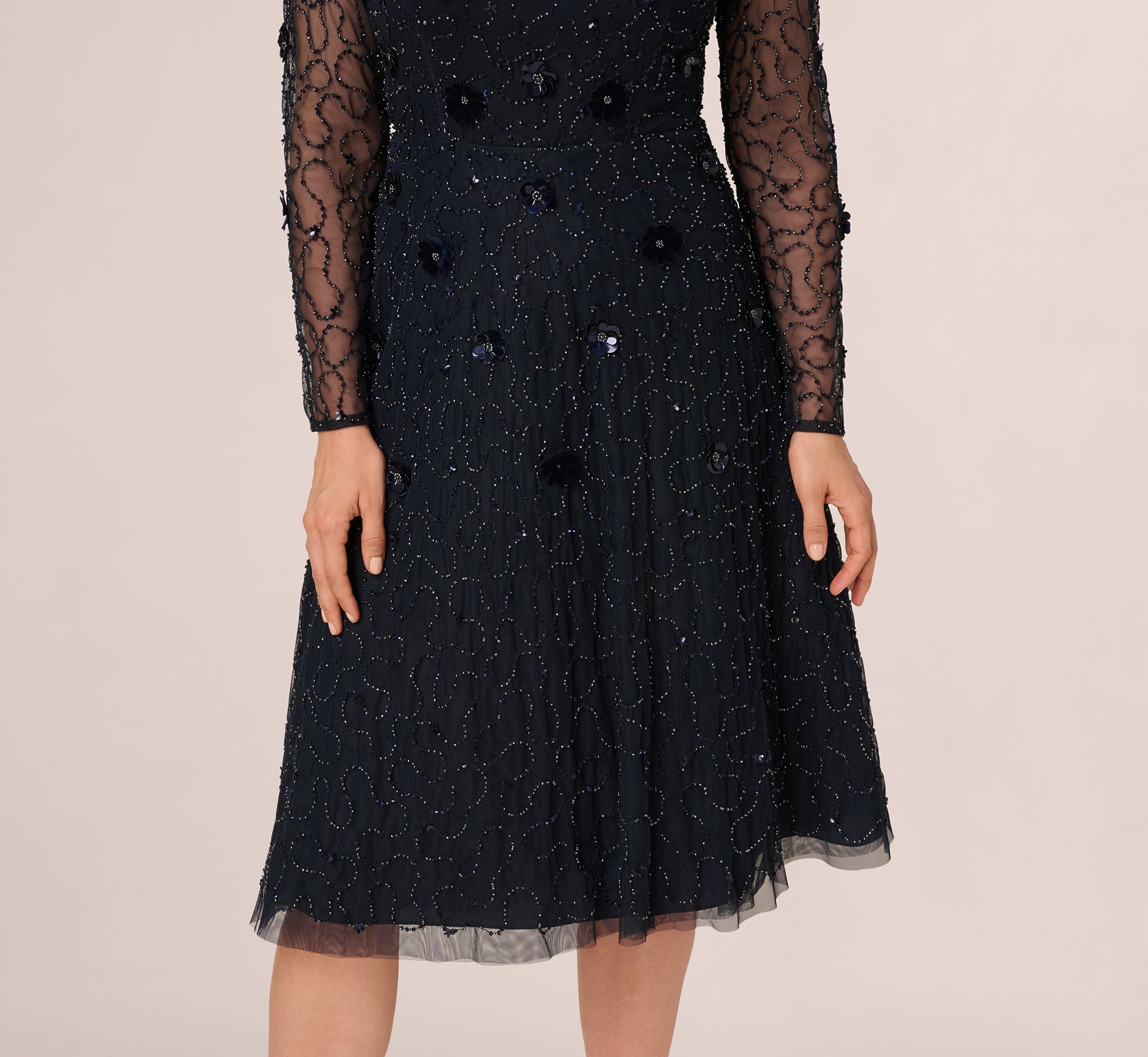 Midnight Jewel Neck Knee-Length Beaded Mesh Cocktail Dress with Long Sleeves Adrianna Papell AP1E212297
