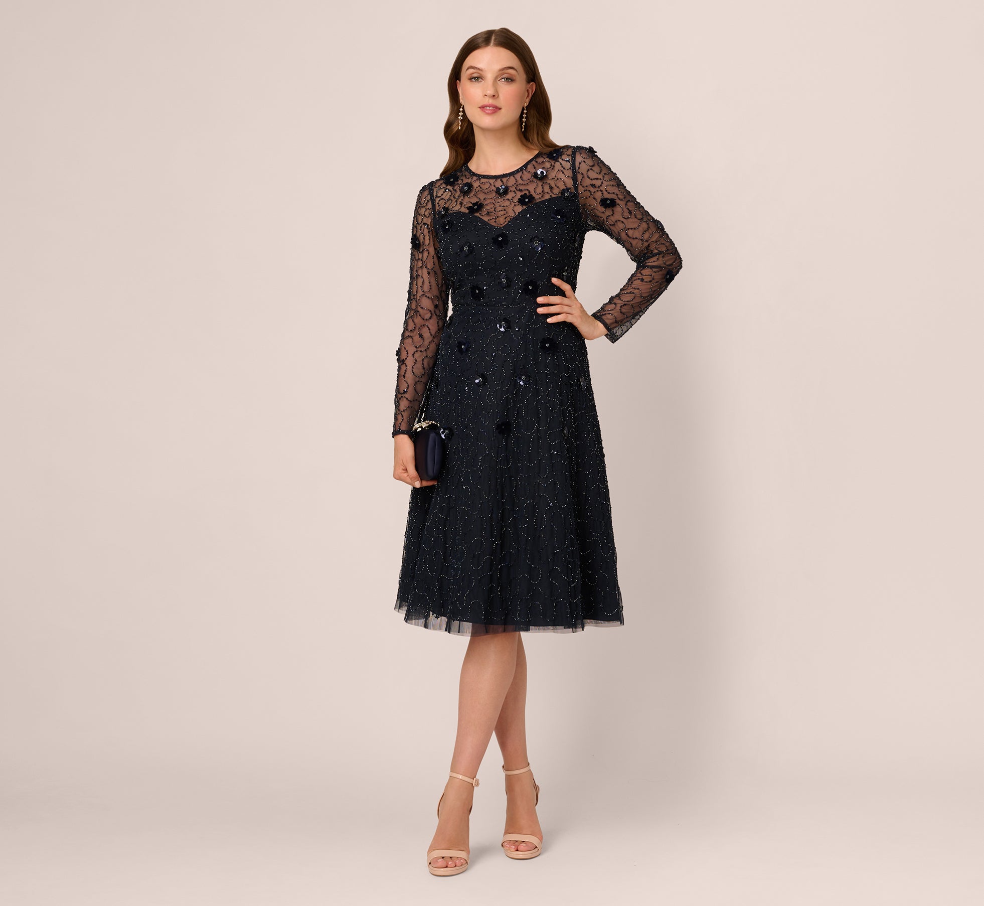 Midnight Jewel Neck Knee-Length Beaded Mesh Cocktail Dress with Long Sleeves Adrianna Papell AP1E212297