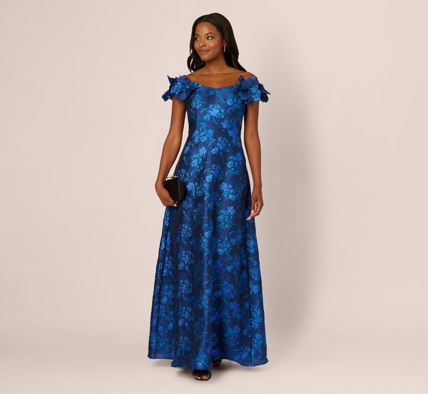 Adrianna Papell AP1E212479 Off-the-Shoulder Long Jacquard Formal Floral Gown