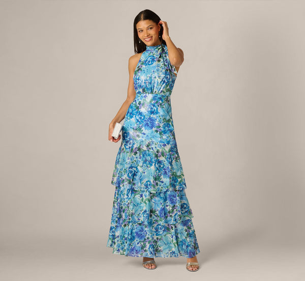 Adrianna Papell AP1E212923 Long Tiered Metallic Floral Halter Dress