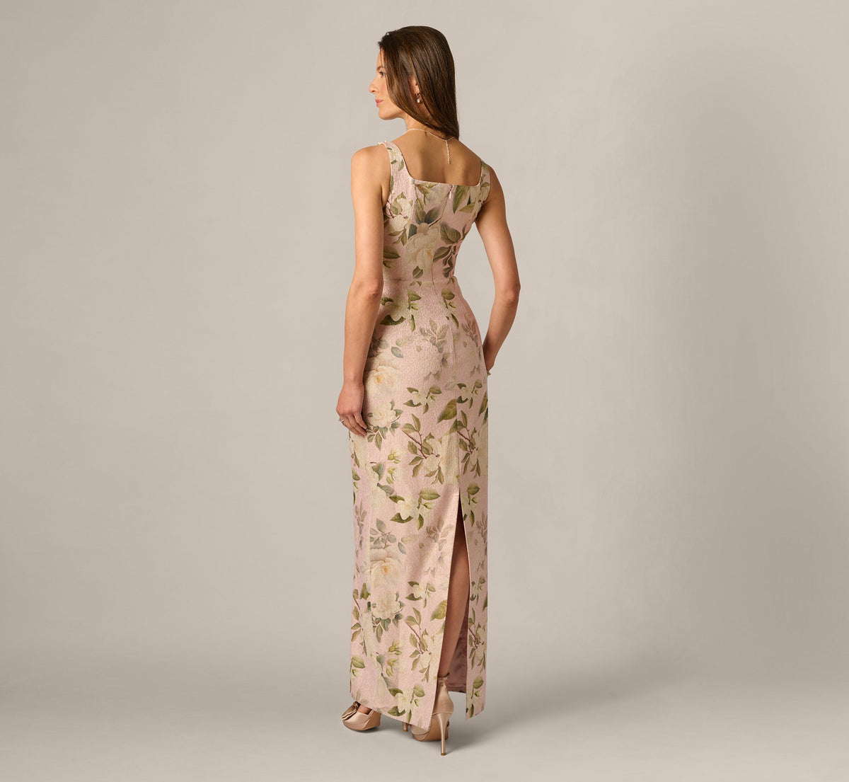 Beaded Square Neck Floral Jacquard Gown Adrianna Papell AP1E213017