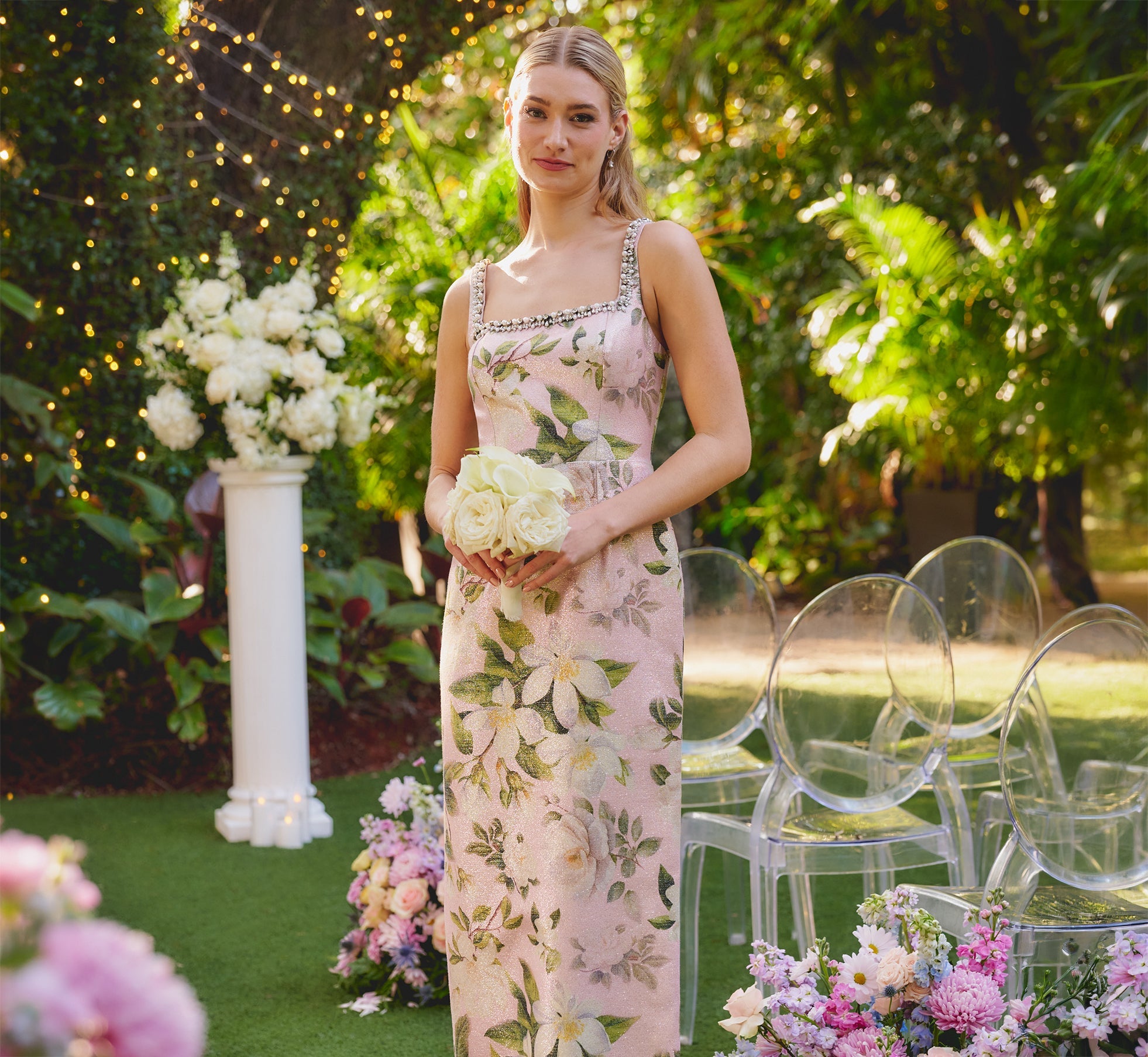 Beaded Square Neck Floral Jacquard Gown Adrianna Papell AP1E213017