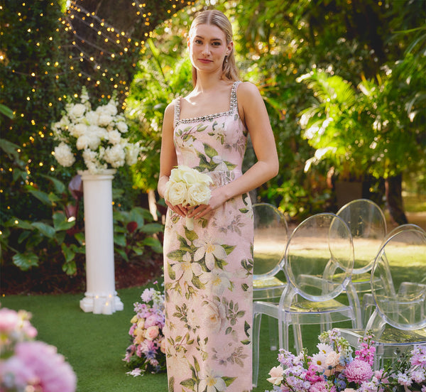 Beaded Square Neck Floral Jacquard Gown Adrianna Papell AP1E213017
