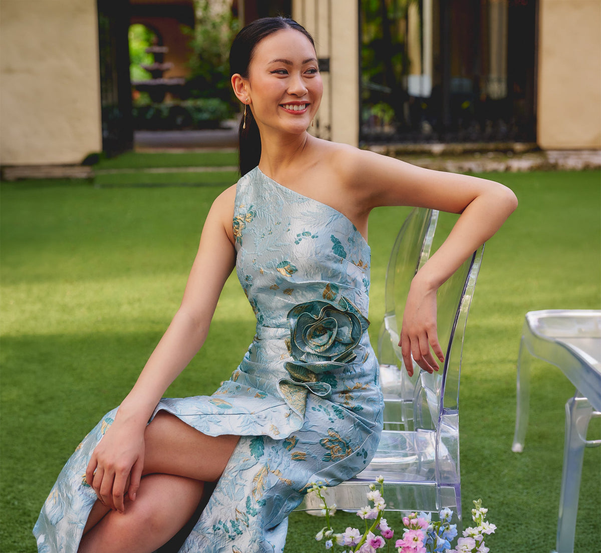 One Shoulder Floral Jacquard Rosette Gown Adrianna Papell AP1E213023