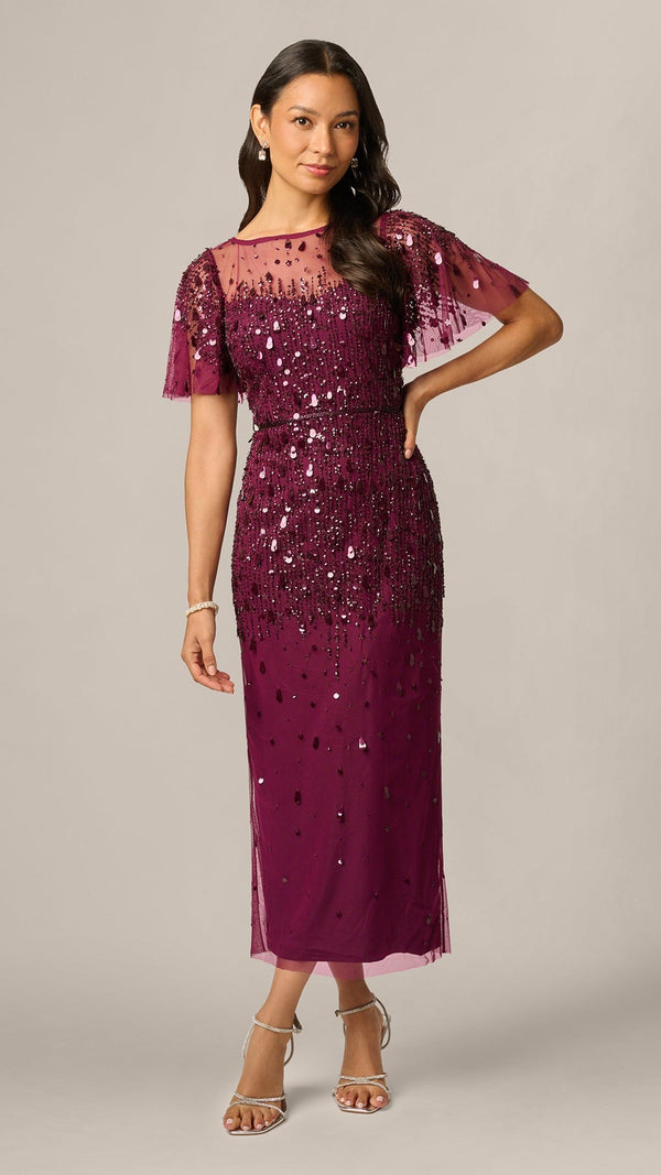 Adrianna Papell 213241 Petite Flutter Sleeve Sequin Beaded Midi Dress