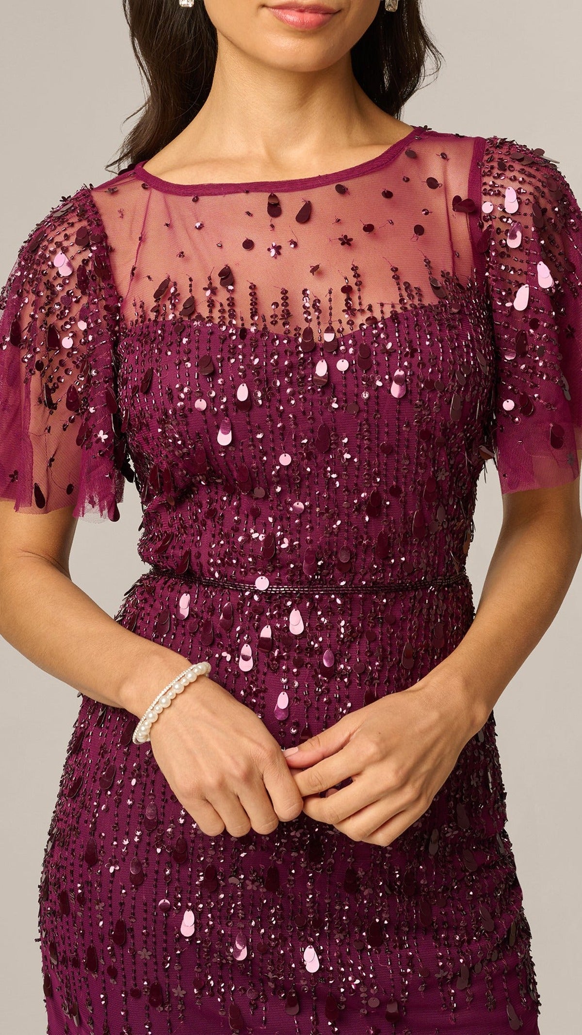 Adrianna Papell AP1E213241 Bordeaux, Beaded mesh and neckline detail
