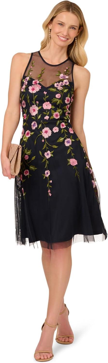Midnight Multi Adrianna Papell AP1E211920 High-Neck Short Embroidered Floral Cocktail Dress