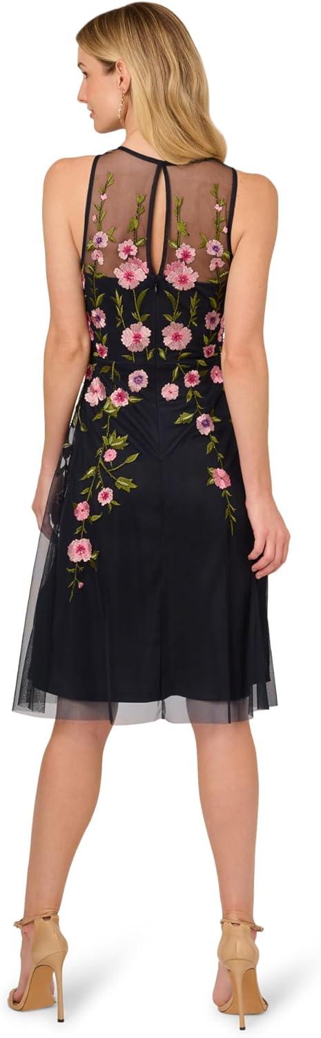 Midnight Multi Adrianna Papell AP1E211920 High-Neck Short Embroidered Floral Cocktail Dress