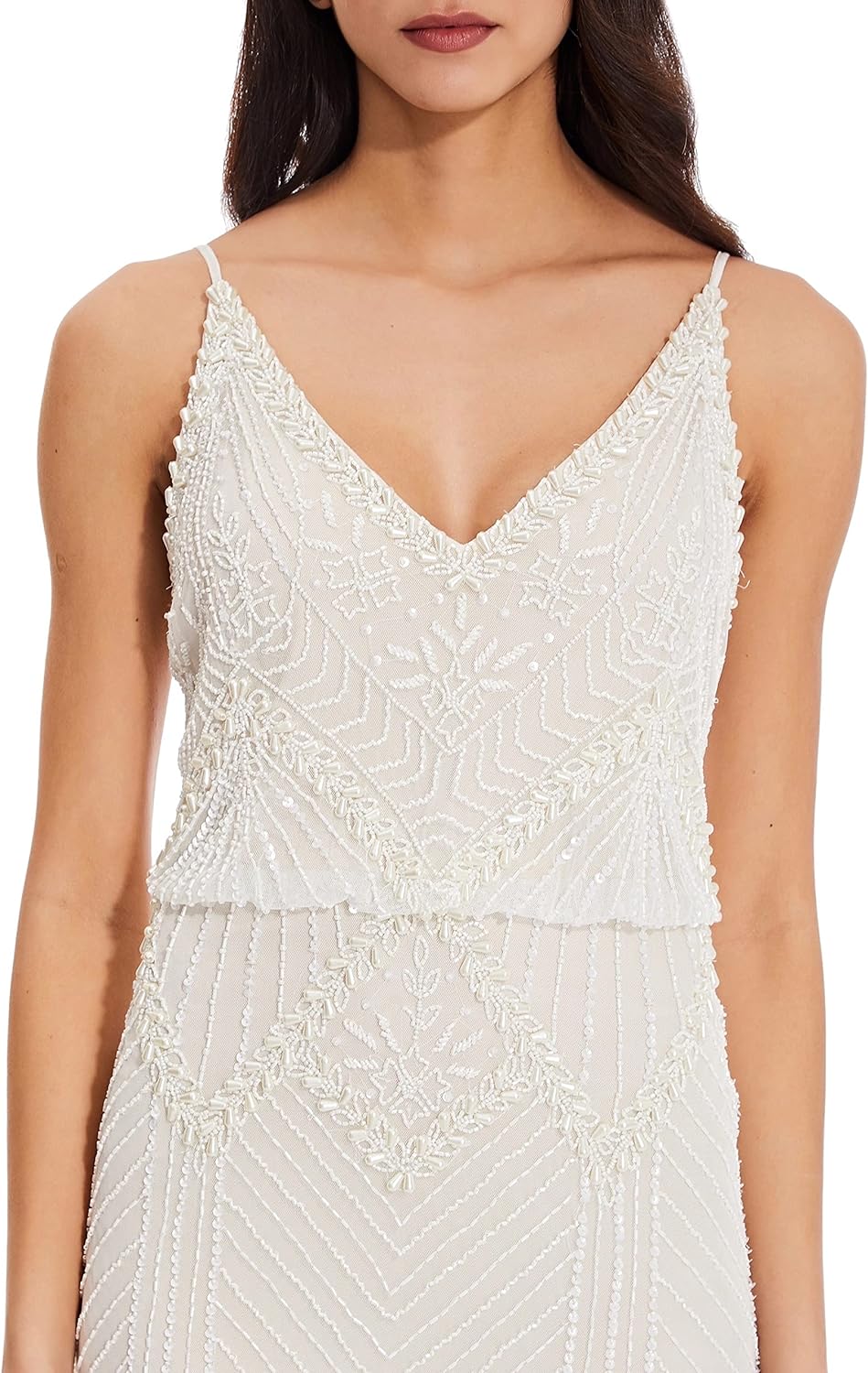 Ivory Adrianna Papell AP1E207245 V-Neck Long Mesh Gown with Popover Bodice