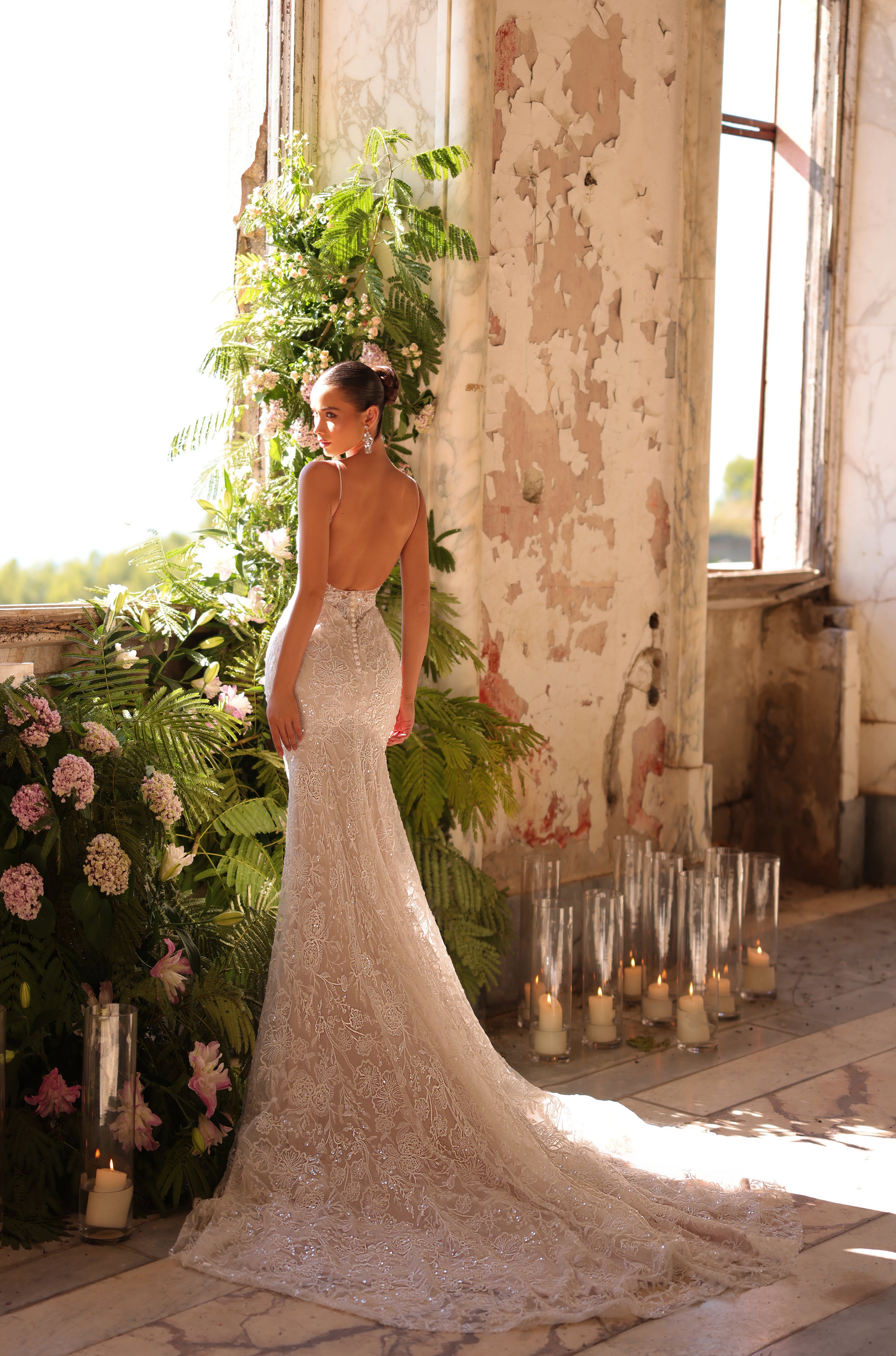 Wedding Dresses Long Corset Lace Applique Beaded Wedding Dress Amarra 89125 Ivory/Nude