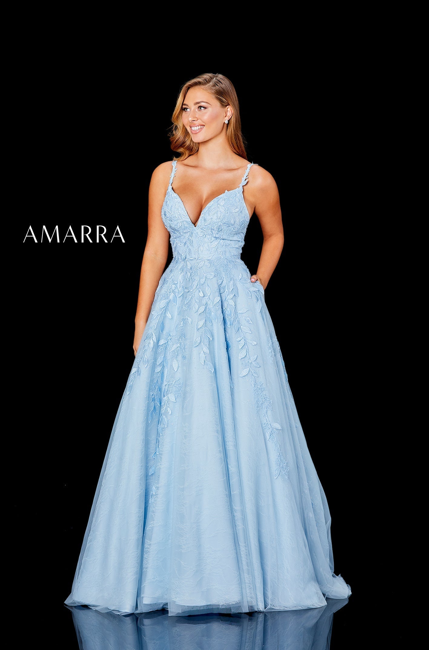 Light Blue V-Neck Floor-Length Tulle Prom Dress with Lace Appliqué and Pockets Amarra 20001
