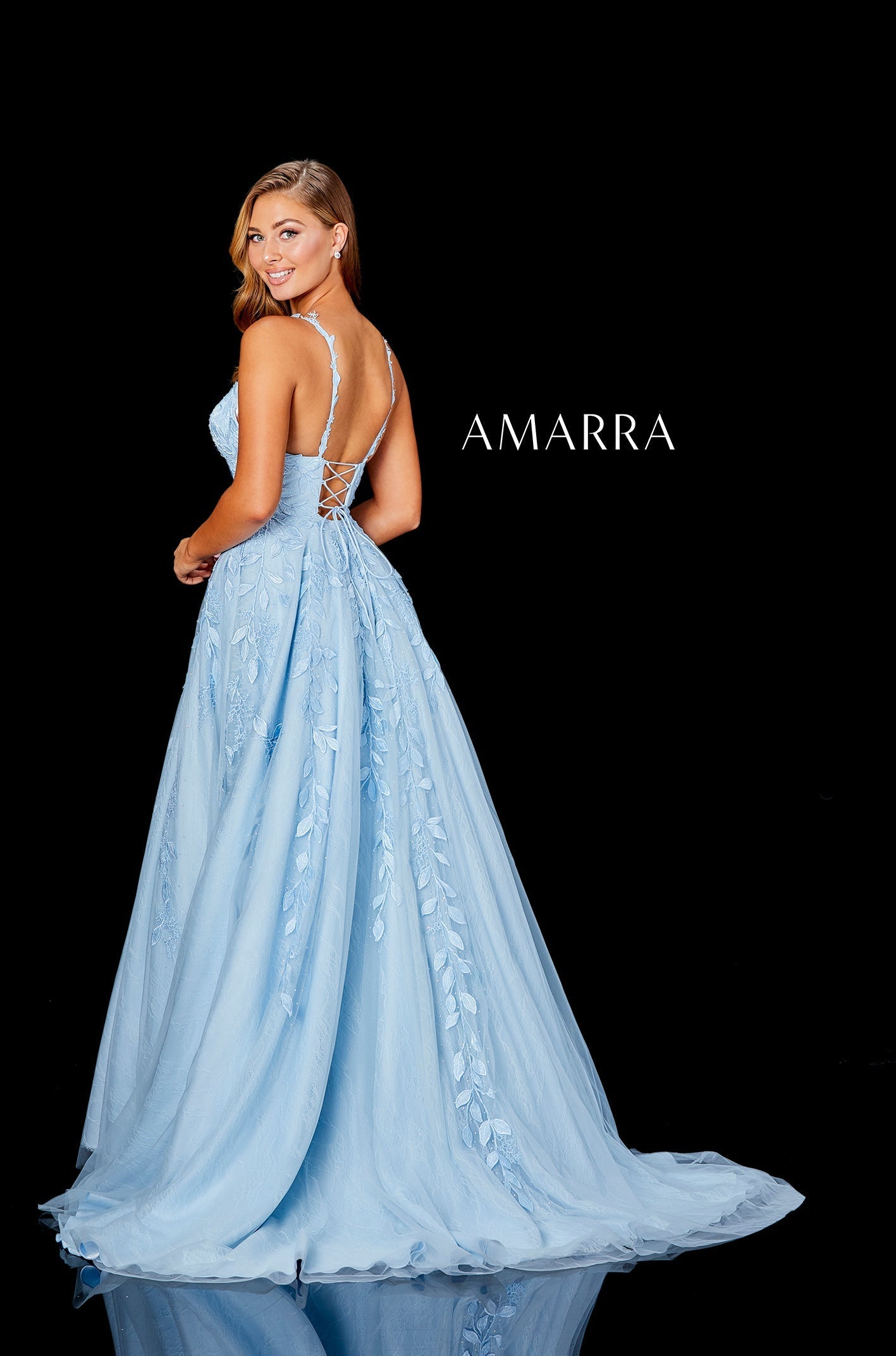 Light Blue V-Neck Floor-Length Tulle Prom Dress with Lace Appliqué and Pockets Amarra 20001