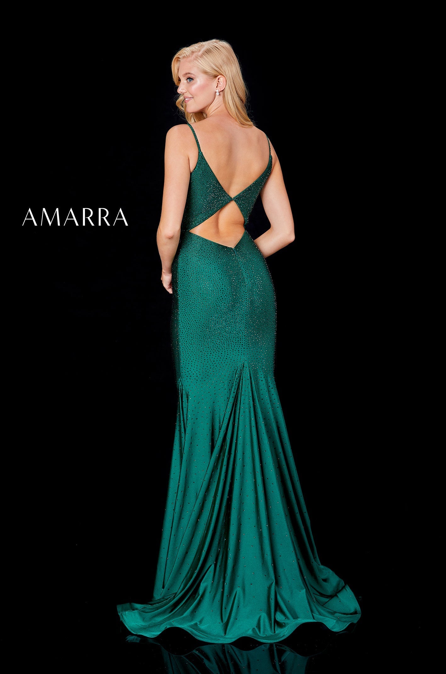 Emerald Scoop Neck Floor-Length Jersey Prom Dress with Open Back Mermaid Silhouette Amarra 20002