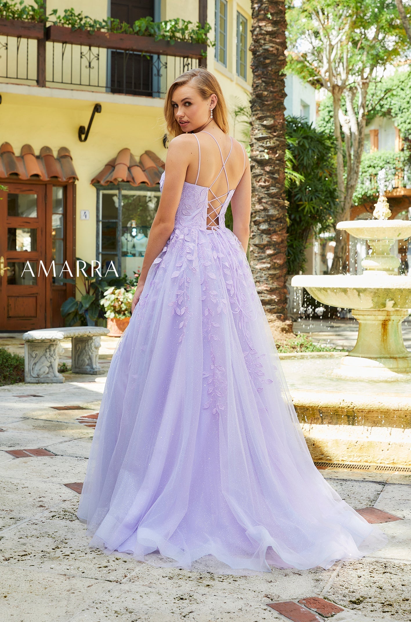 Lilac Scoop Neck Floor-Length Tulle Prom Dress with Lace Appliques A-Line Gown Amarra 20006