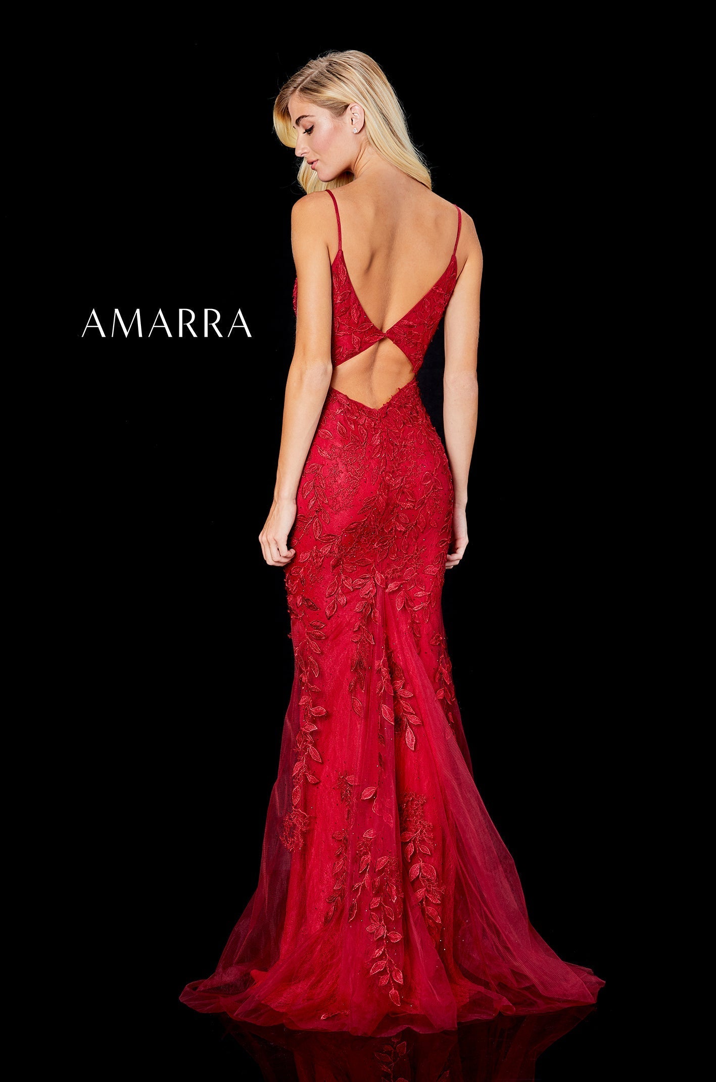 Red V-Neck Floor-Length Lace Prom Dress with Open Back and High Slit Amarra 20042