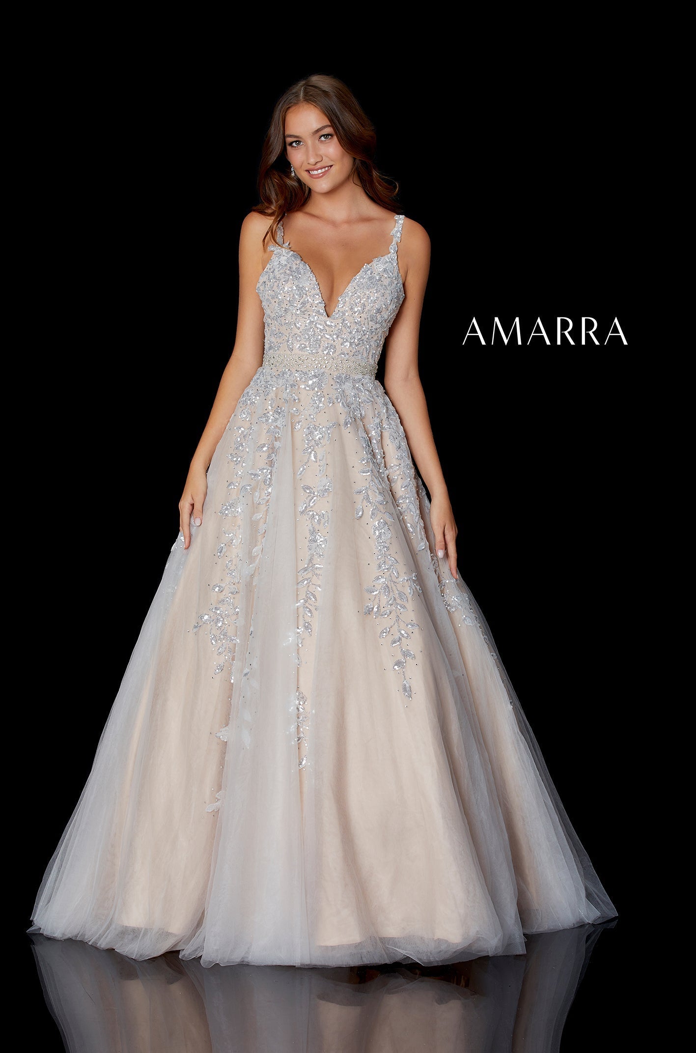 Champagne/Silver V-Neck Floor-Length Tulle Prom Ball Gown with Lace Appliqué Amarra 20131