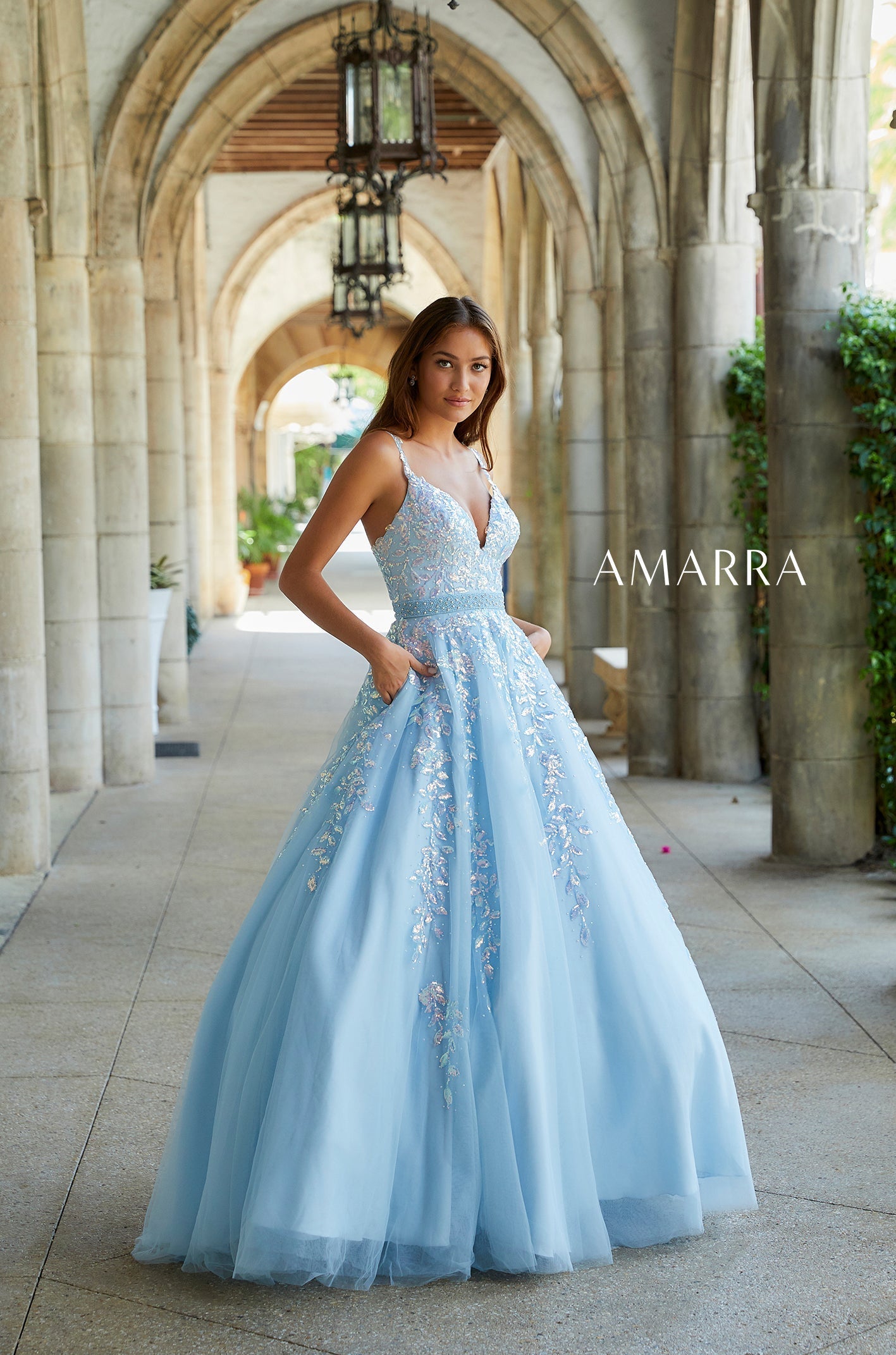 Light Blue V-Neck Floor-Length Tulle Prom Ball Gown with Lace Appliqué Amarra 20131
