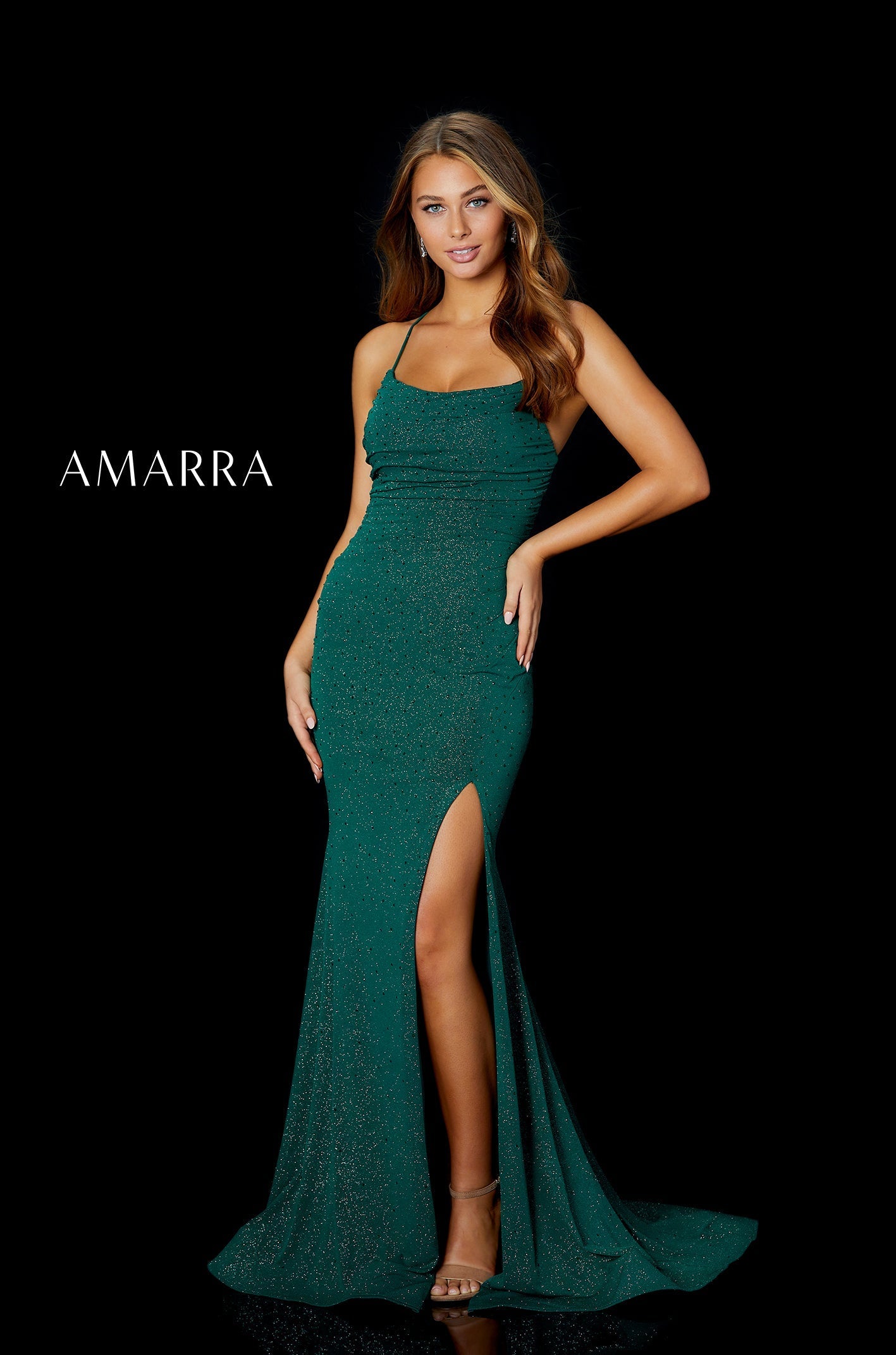 Emerald Cowl Neck Floor-Length Jersey Prom Dress with Side Slit and Criss-Cross Open Back Amarra 87233