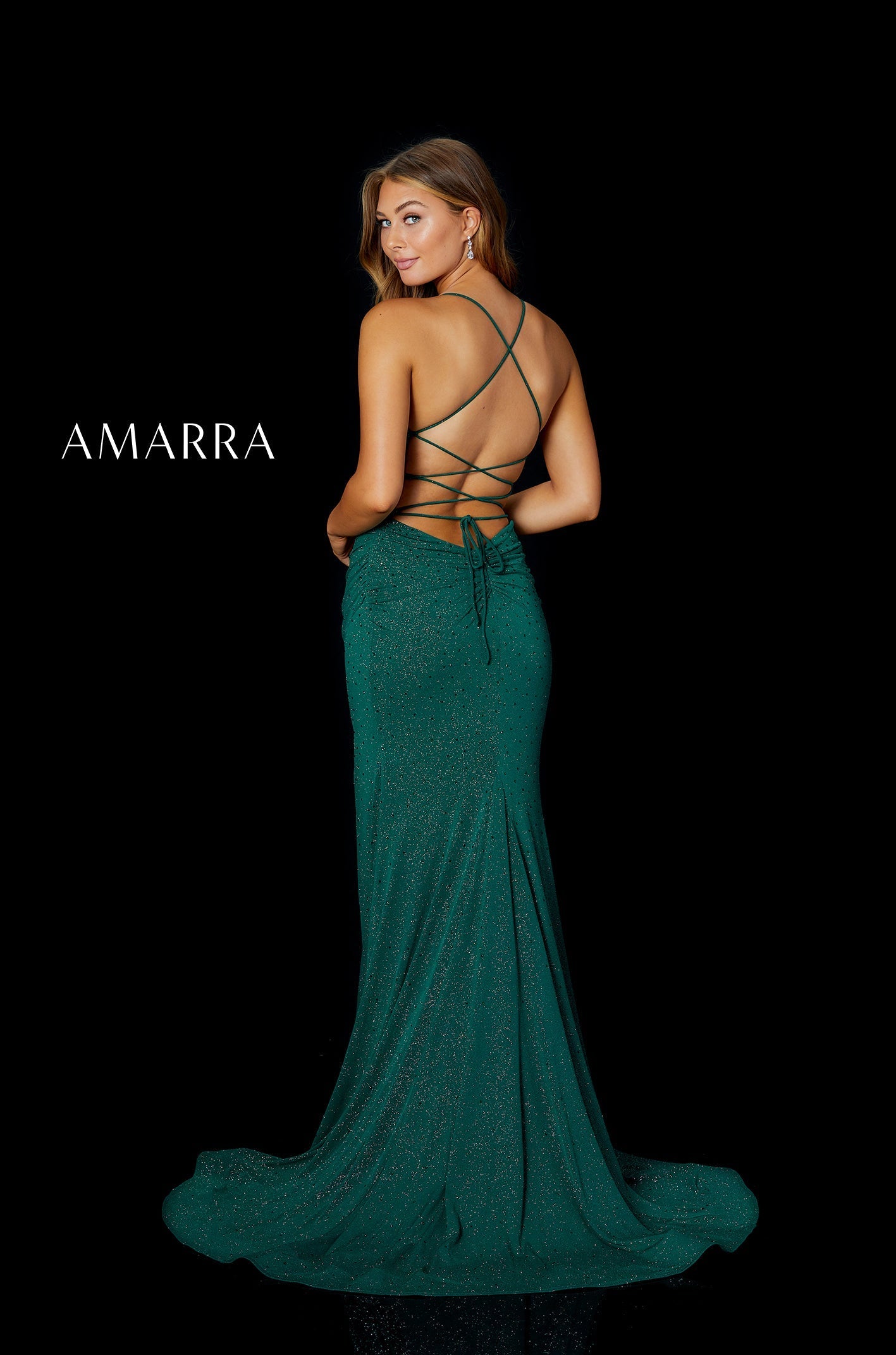 Emerald Cowl Neck Floor-Length Jersey Prom Dress with Side Slit and Criss-Cross Open Back Amarra 87233