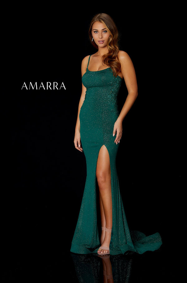 Square Neck Floor-Length Jersey Prom Dress with Side Slit and Lace-Up Back Amarra 87258