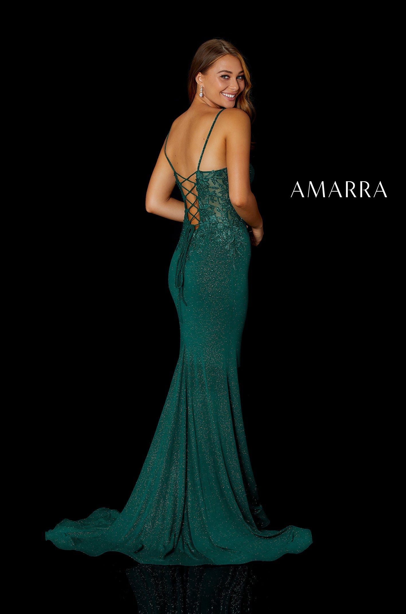 Emerald Square Neck Floor-Length Jersey Prom Dress with Side Slit and Lace-Up Back Amarra 87258