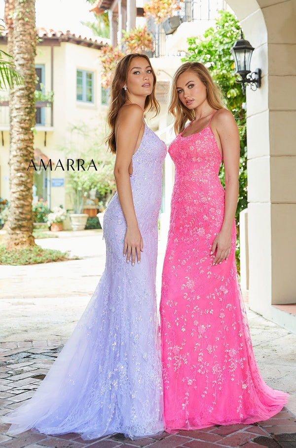 Square Neck Floor-Length Tulle Prom Dress with Open Criss-Cross Back Amarra 87340