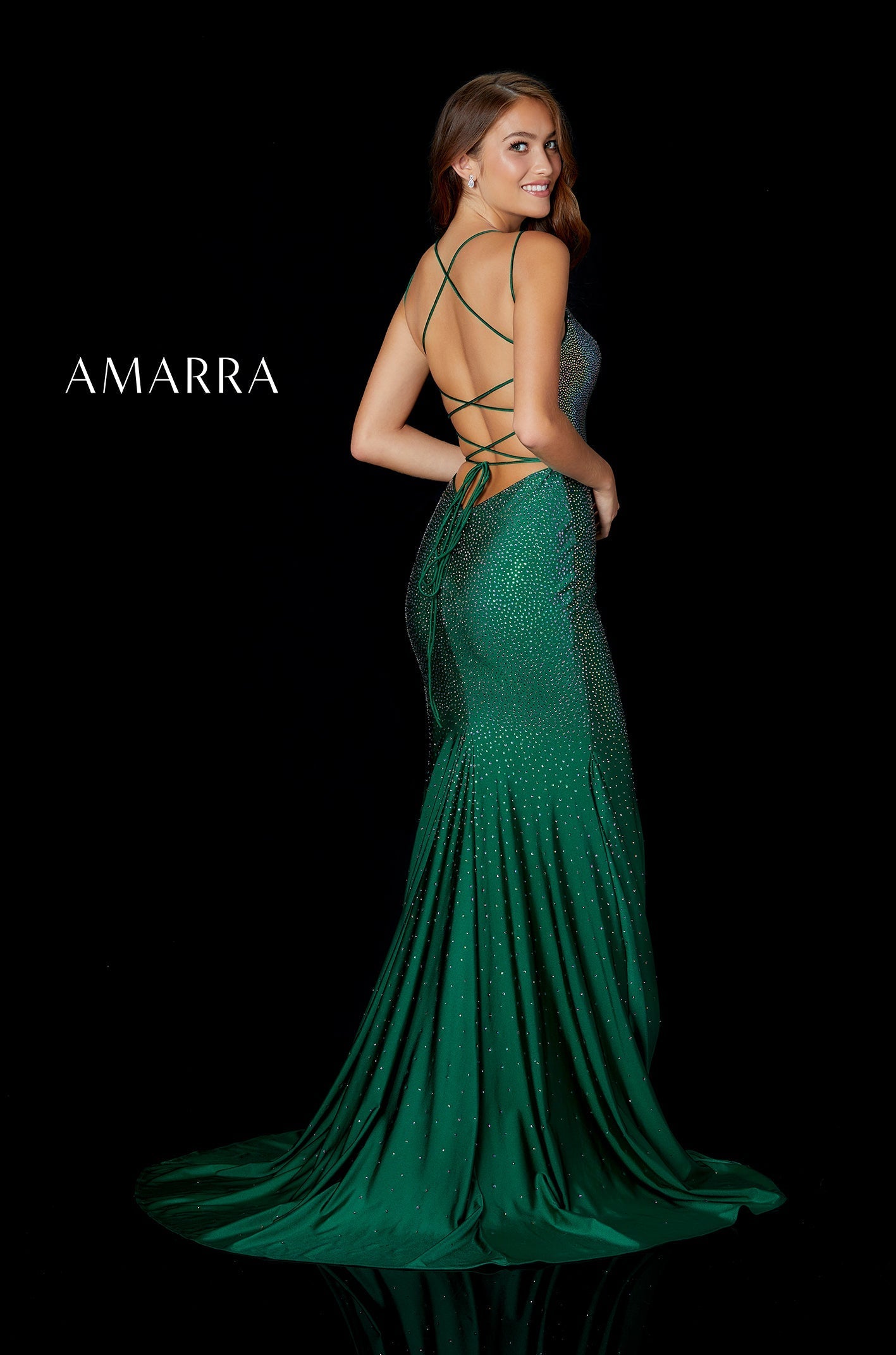 Emerald/Multi V-Neck Floor-Length Shimmer Jersey Prom Dress with Side Slit and Criss-Cross Back Amarra 87350