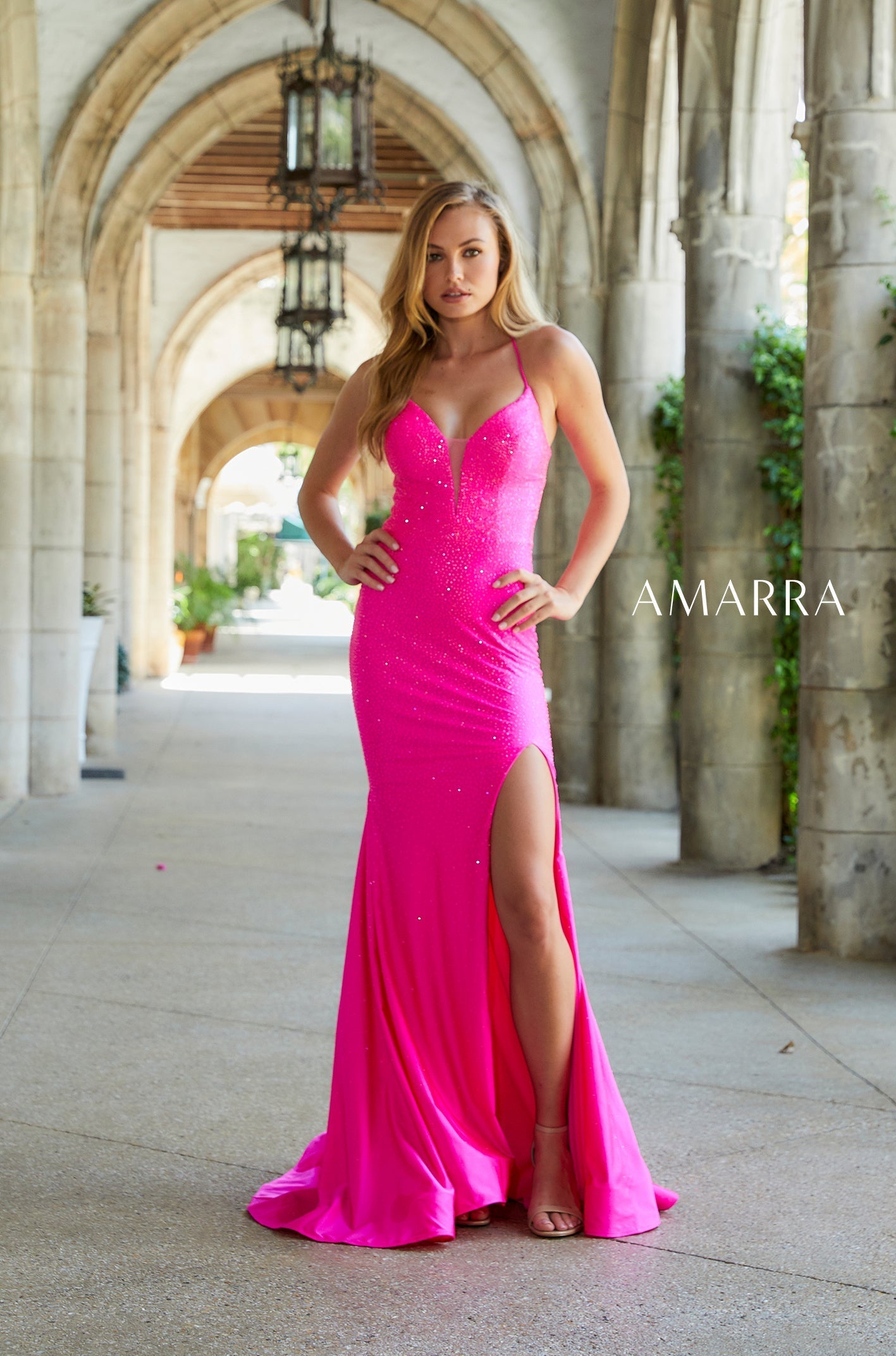 Hot Pink V-Neck Floor-Length Shimmer Jersey Prom Dress with Side Slit and Lace-Up Back Amarra 87353