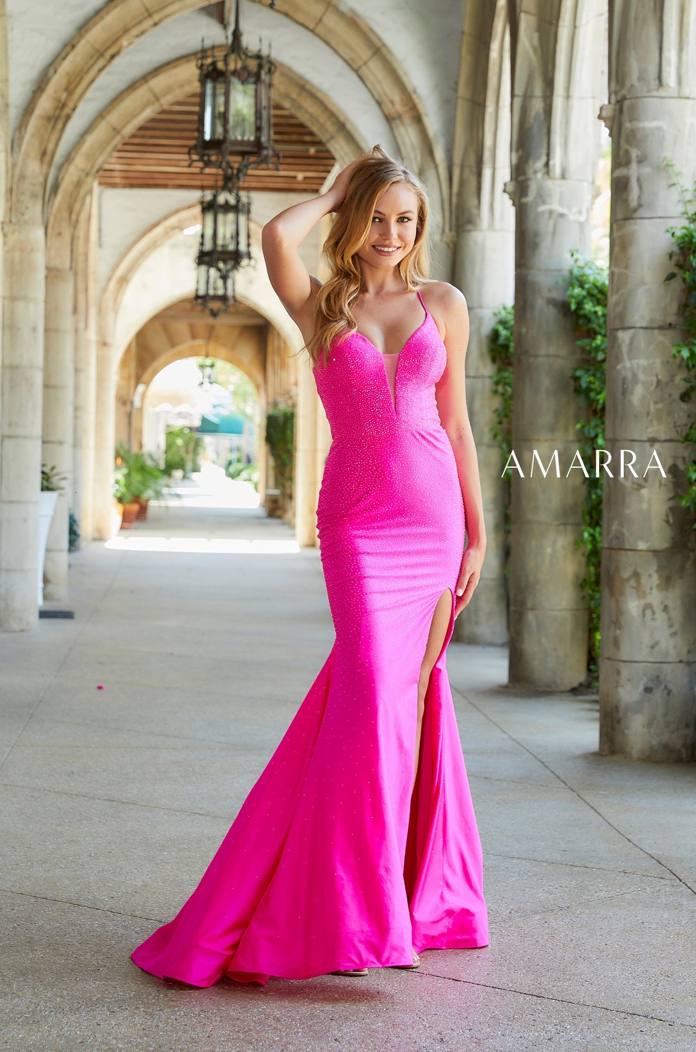 Hot Pink V-Neck Floor-Length Shimmer Jersey Prom Dress with Side Slit and Lace-Up Back Amarra 87353