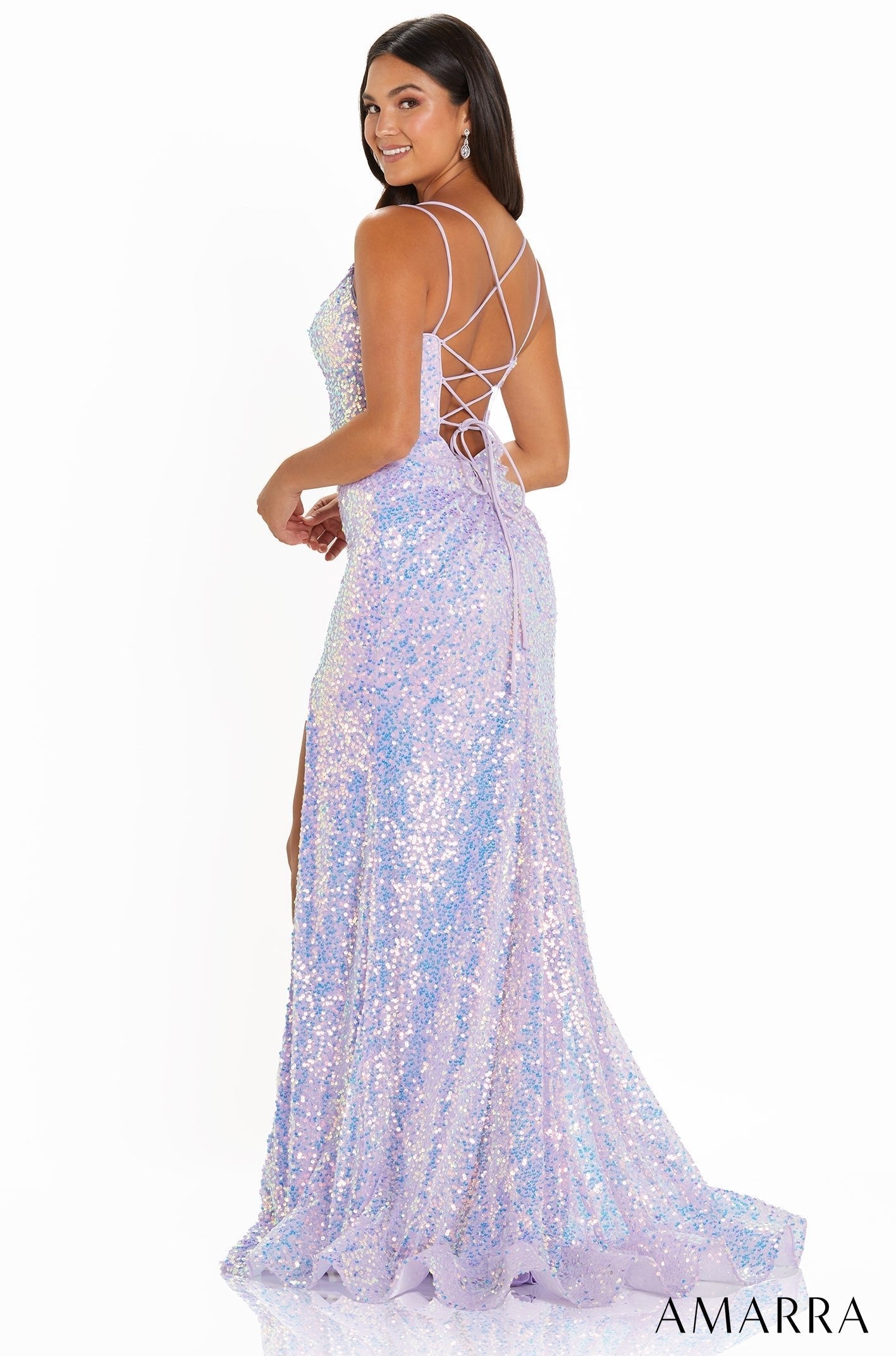 Lilac V-Neck Floor-Length Sequin Prom Dress with Side Slit and Lace-Up Back Amarra 87403