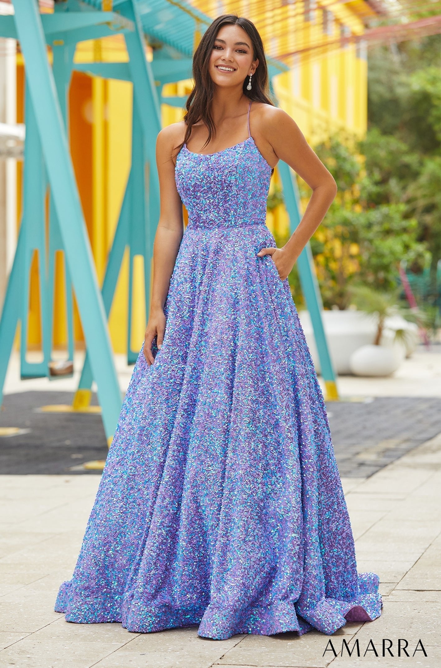 Periwinkle Scoop Neck Floor-Length Sequin Prom Ball Gown with Criss-Cross Back Amarra 88502