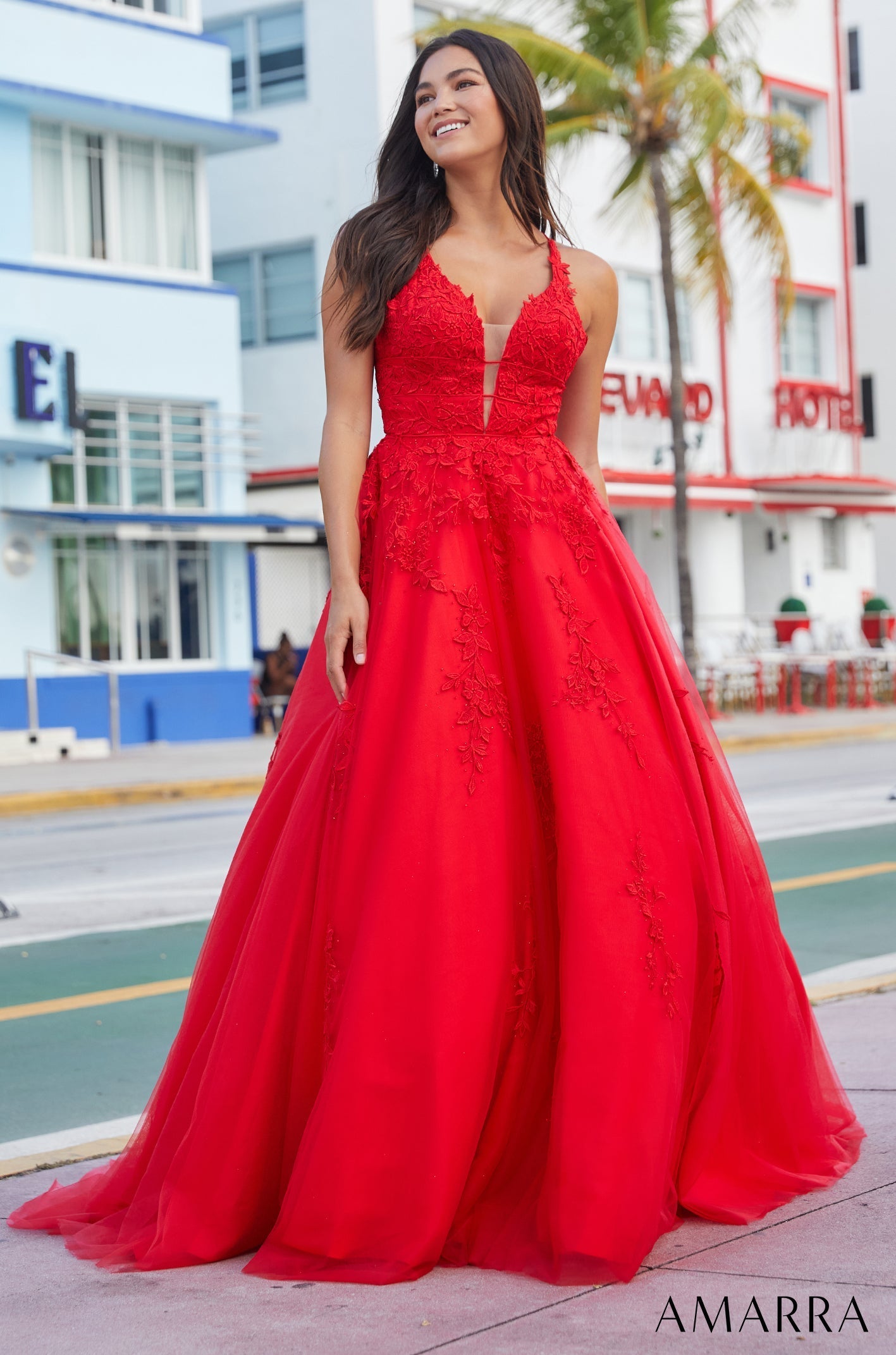 Red V Neck Floor Length Tulle Prom Dress with Lace Ball Gown Skirt Amarra 88510