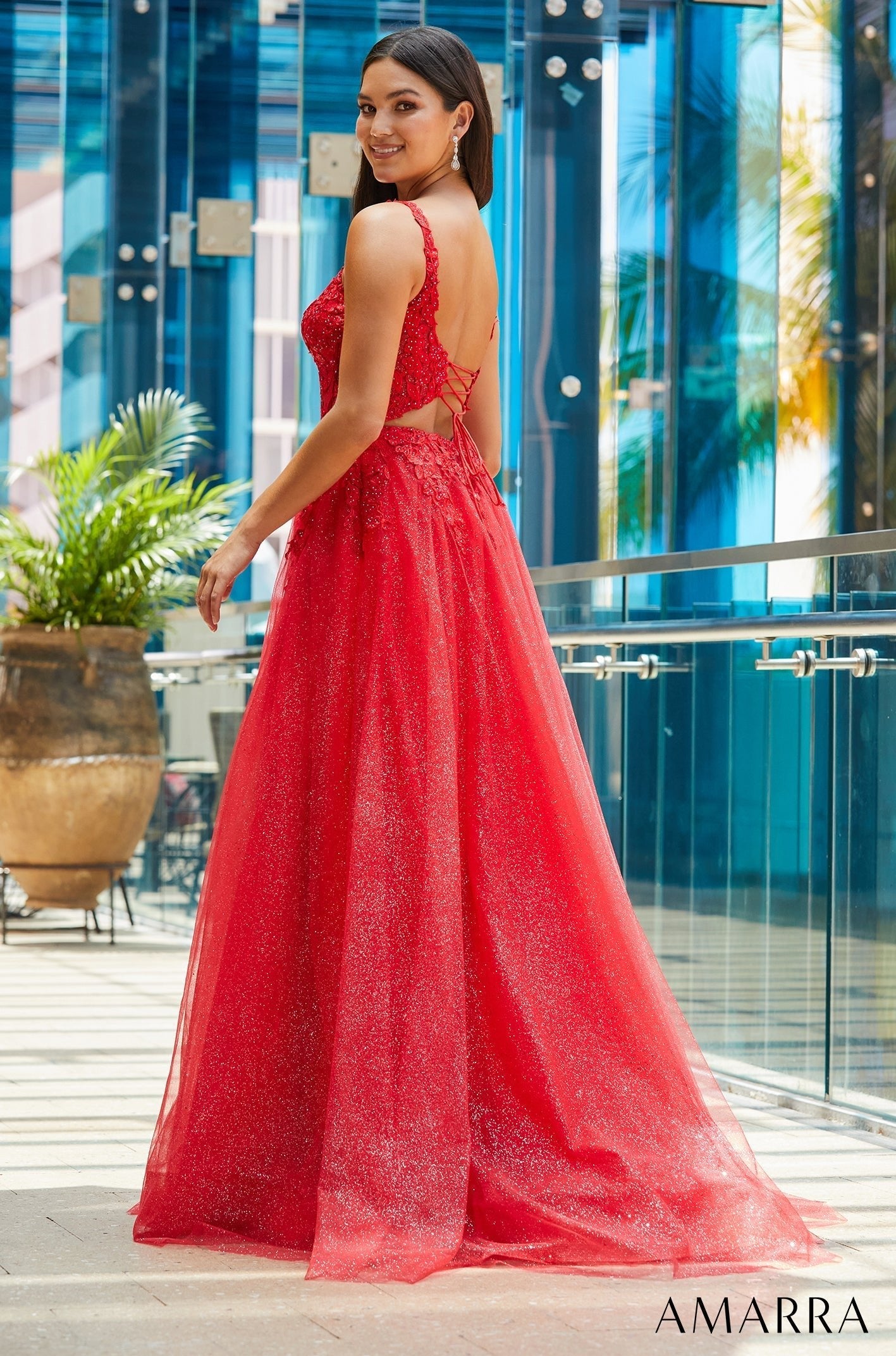 Red Scoop Neck Floor-Length Glitter Tulle Prom Dress with High Slit A-Line Gown Amarra 88515
