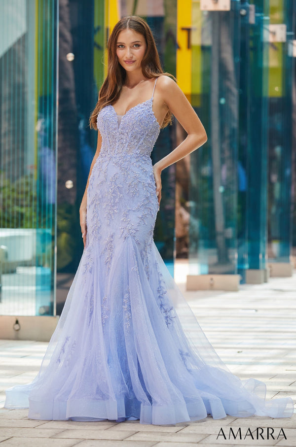 V-Neck Floor-Length Tulle Prom Dress with Lace Appliqué and Mermaid Silhouette Amarra 88521