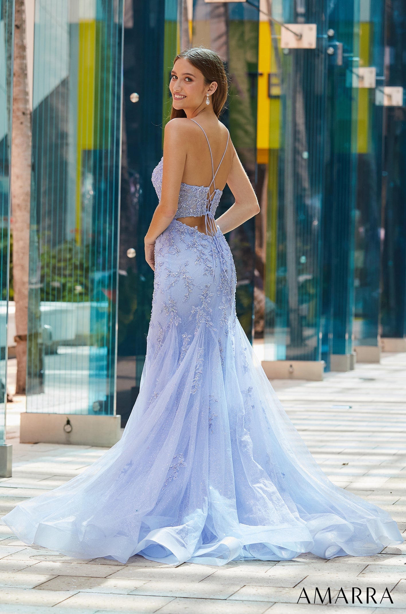 Periwinkle V-Neck Floor-Length Tulle Prom Dress with Lace Appliqué and Mermaid Silhouette Amarra 88521