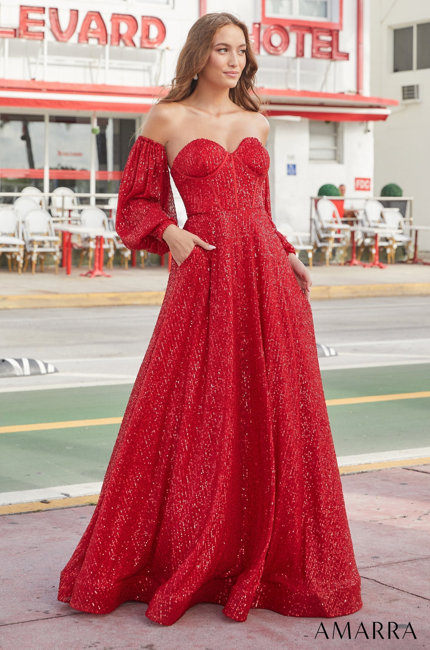 Red Sweetheart Floor-Length Sequin Ball Gown with Detachable Bishop Sleeves Amarra 88526