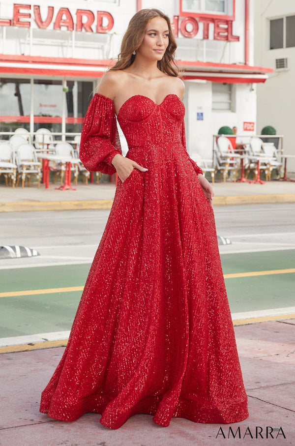 Sweetheart Floor-Length Sequin Ball Gown with Detachable Bishop Sleeves Amarra 88526