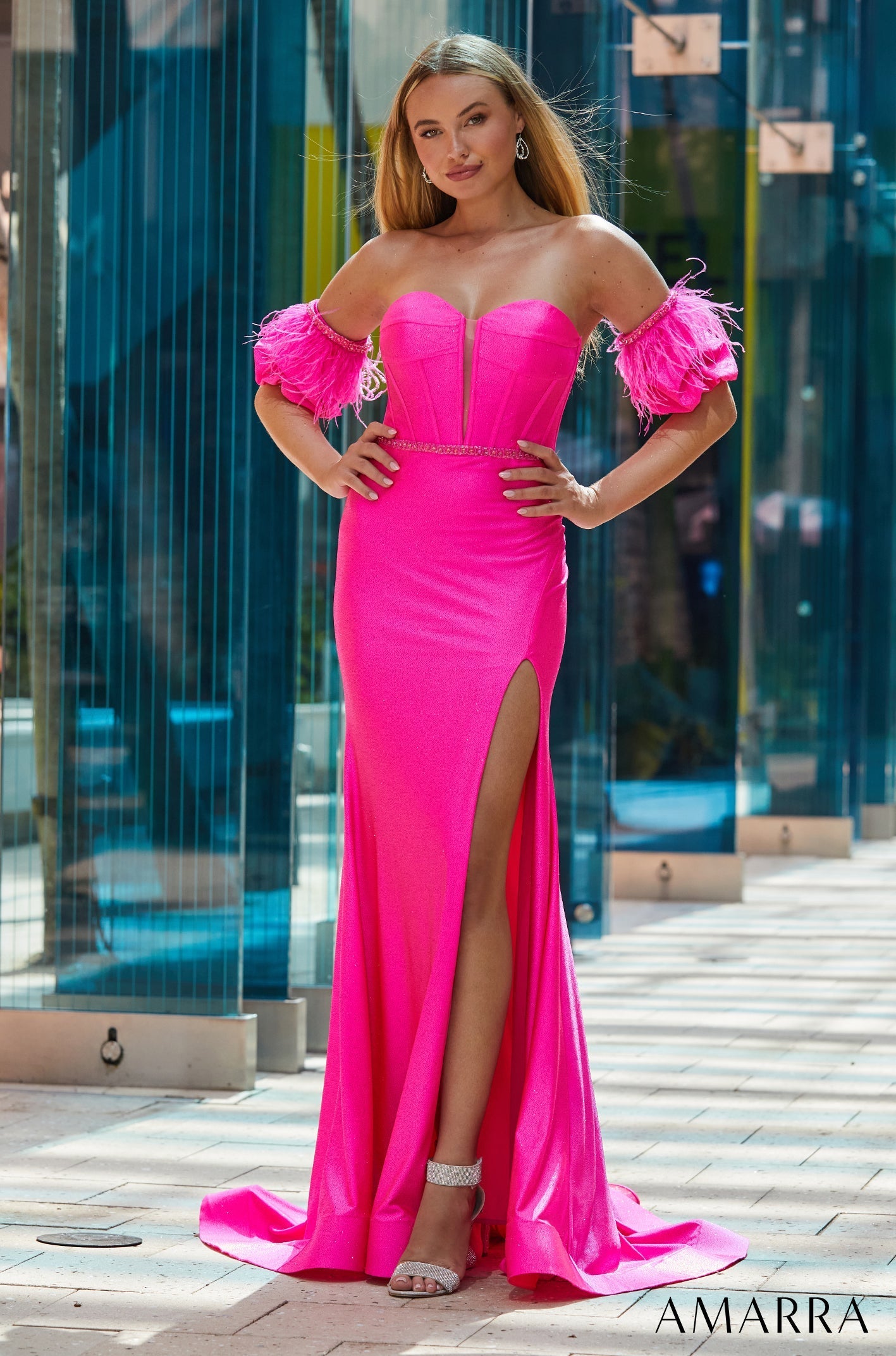Bright Fuchsia Sweetheart Floor-Length Jersey Prom Dress with Feather Sleeves and High Slit Fitted Gown Amarra 88527