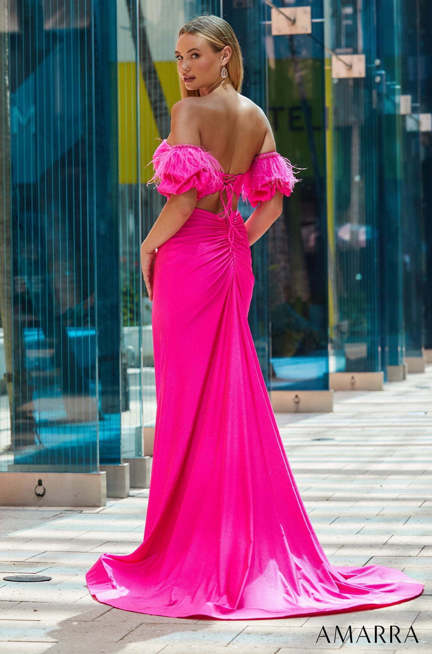 Bright Fuchsia Sweetheart Floor-Length Jersey Prom Dress with Feather Sleeves and High Slit Fitted Gown Amarra 88527