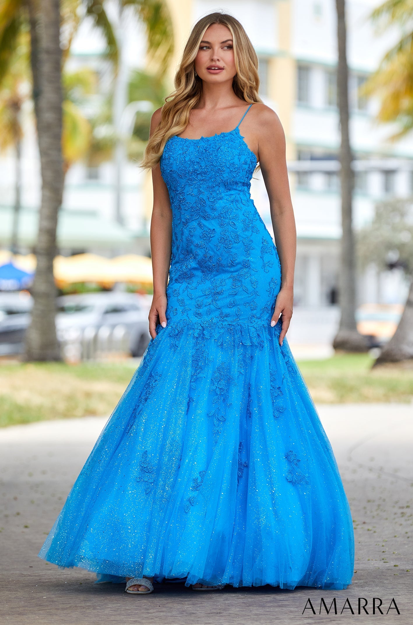 Peacock Scoop Neckline Floor-Length Glitter Tulle Prom Dress with Lace Appliques Mermaid Gown Amarra 88530
