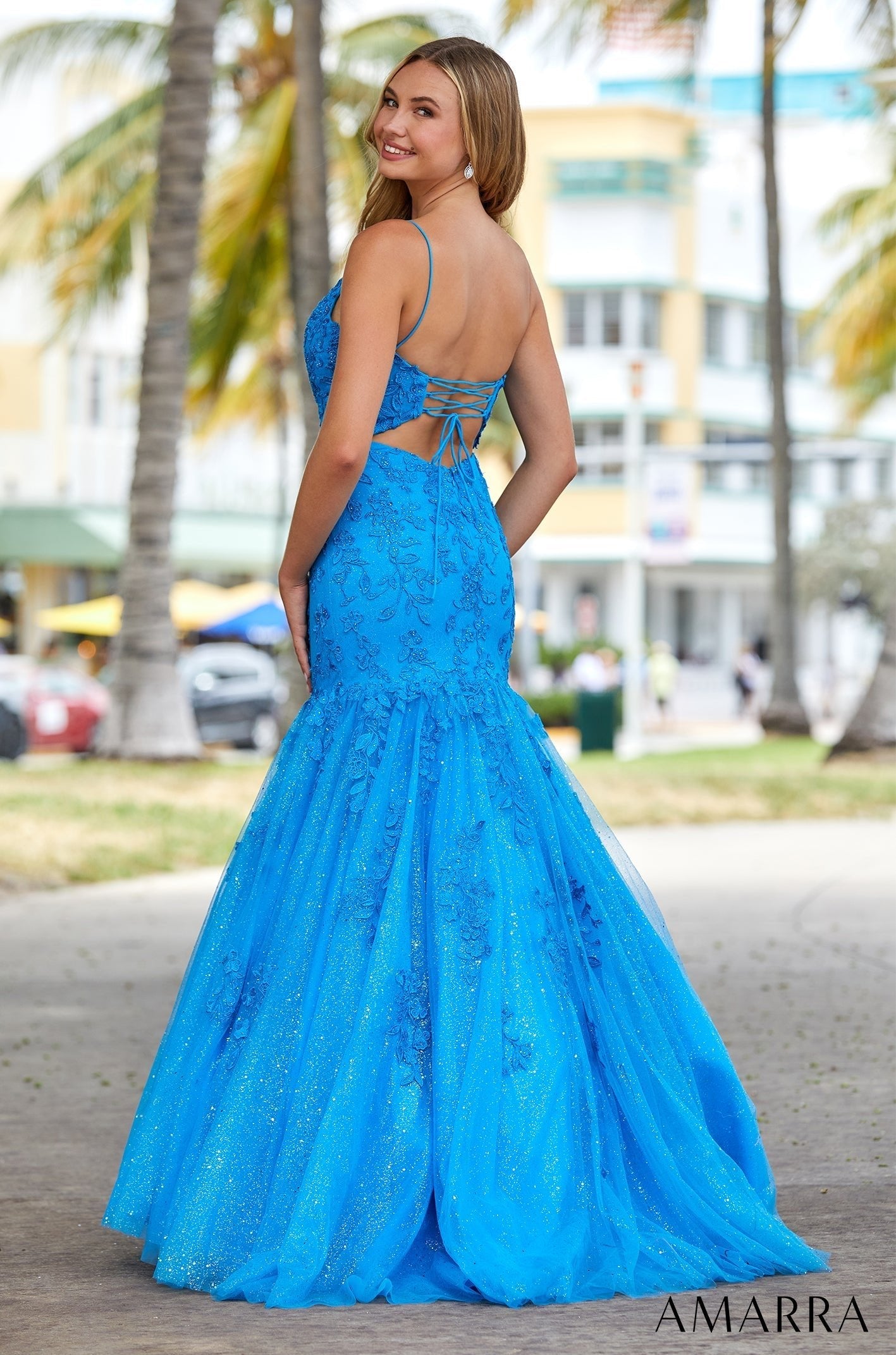 Peacock Scoop Neckline Floor-Length Glitter Tulle Prom Dress with Lace Appliques Mermaid Gown Amarra 88530