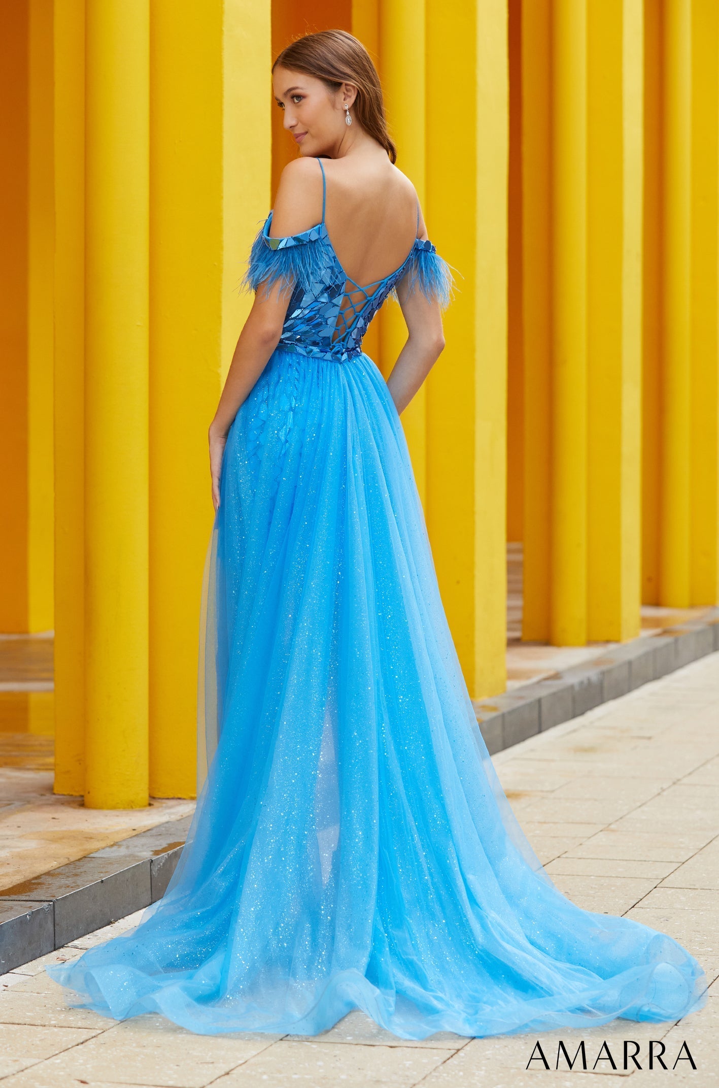 Peacock Sweetheart High-Low Tulle Prom Dress with Feather Straps and Sequin Bodice Amarra 88534