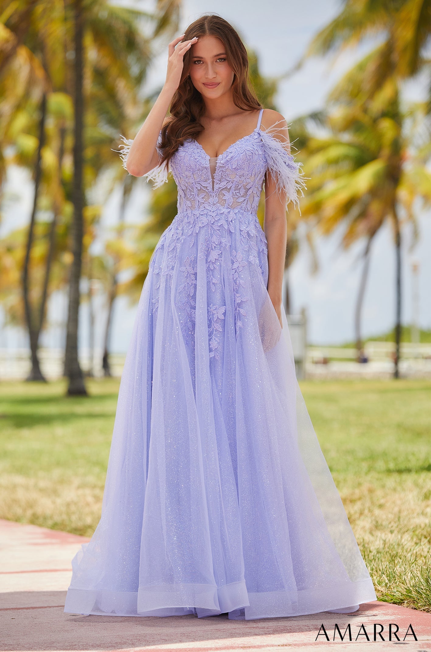 Periwinkle Of the Shoulder Floor-Length Tulle Prom Dress with Feather Sleeves and Lace Appliqué Amarra 88537