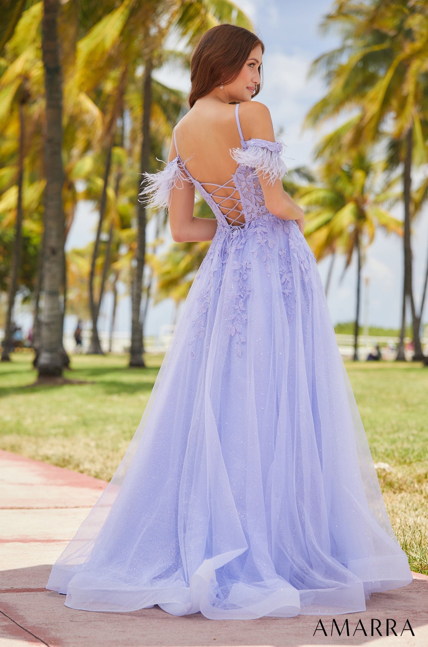 Periwinkle Of the Shoulder Floor-Length Tulle Prom Dress with Feather Sleeves and Lace Appliqué Amarra 88537