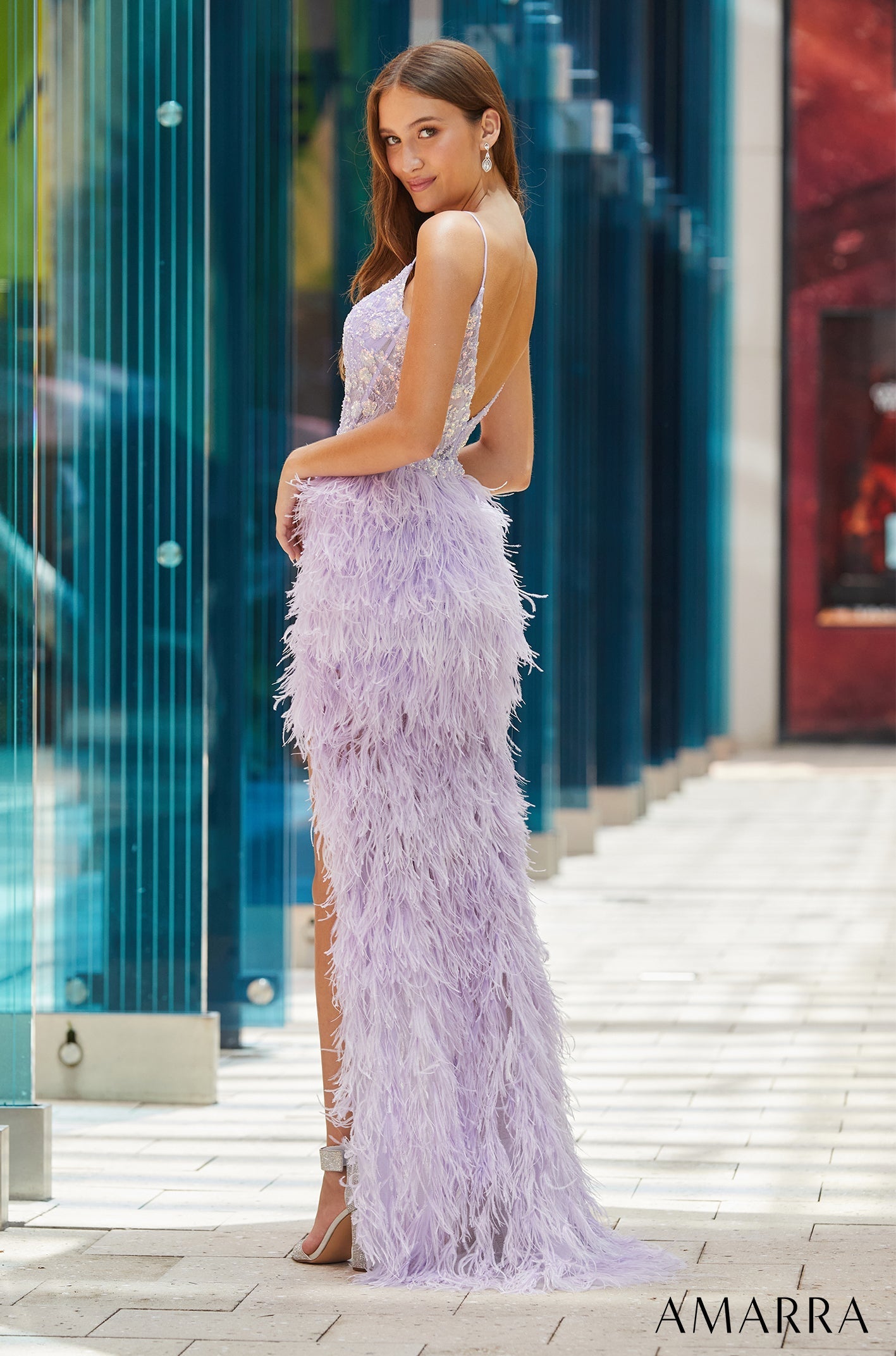 Lilac V-Neck Floor-Length Mesh Prom Dress with Beaded Bodice and High Slit Amarra 88542
