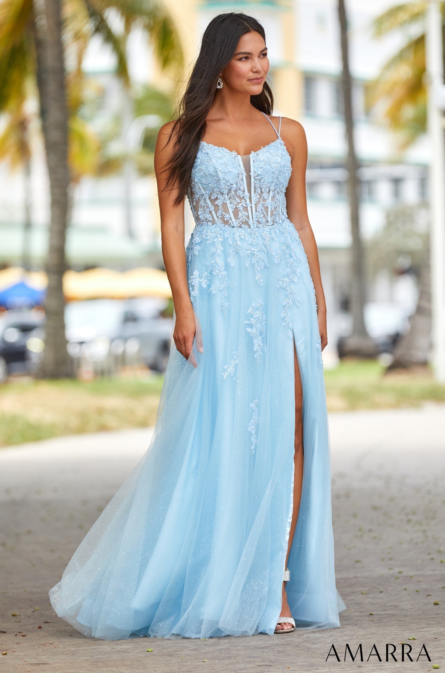 Light Blue Sweetheart Floor-Length Tulle Prom Dress with Lace Appliques A-Line Gown Amarra 88546