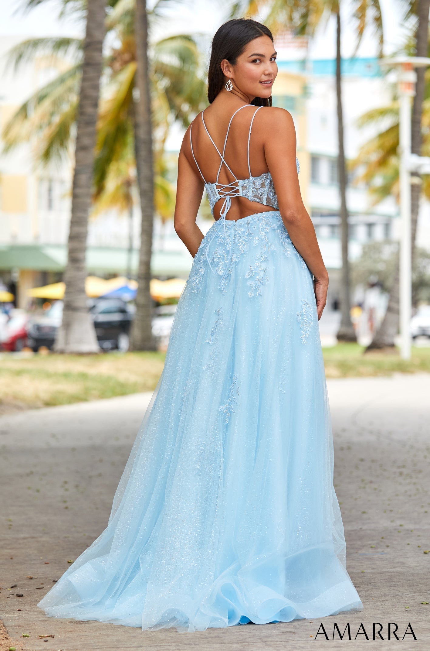 Light Blue Sweetheart Floor-Length Tulle Prom Dress with Lace Appliques A-Line Gown Amarra 88546