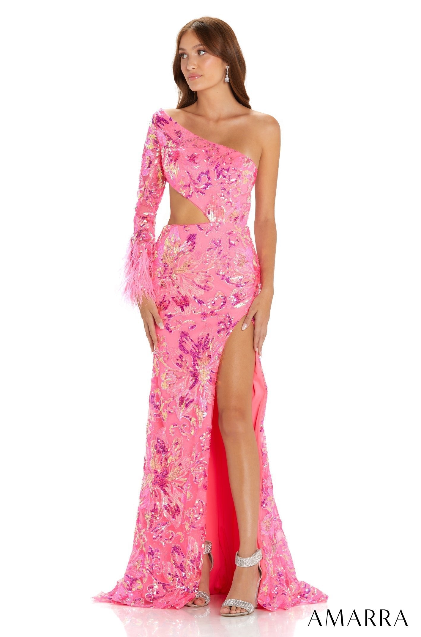 Neon Pink One-Shoulder Floor-Length Sequin Prom Dress with Feather Sleeve and Side Slit Amarra 88562