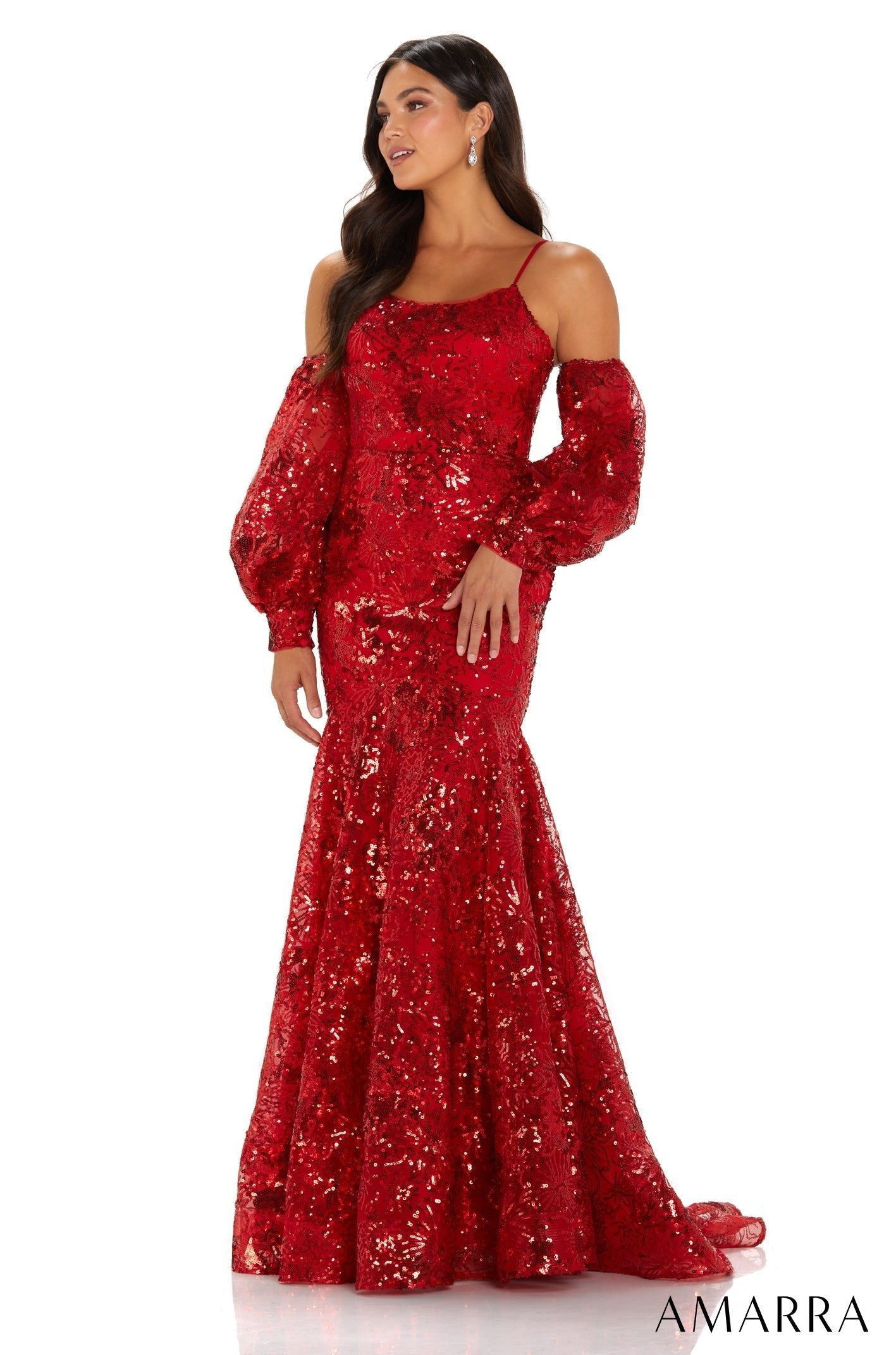 Red Scoop Neck Floor-Length Sequin Prom Dress with Puff Sleeves and Mermaid Skirt Amarra 88565